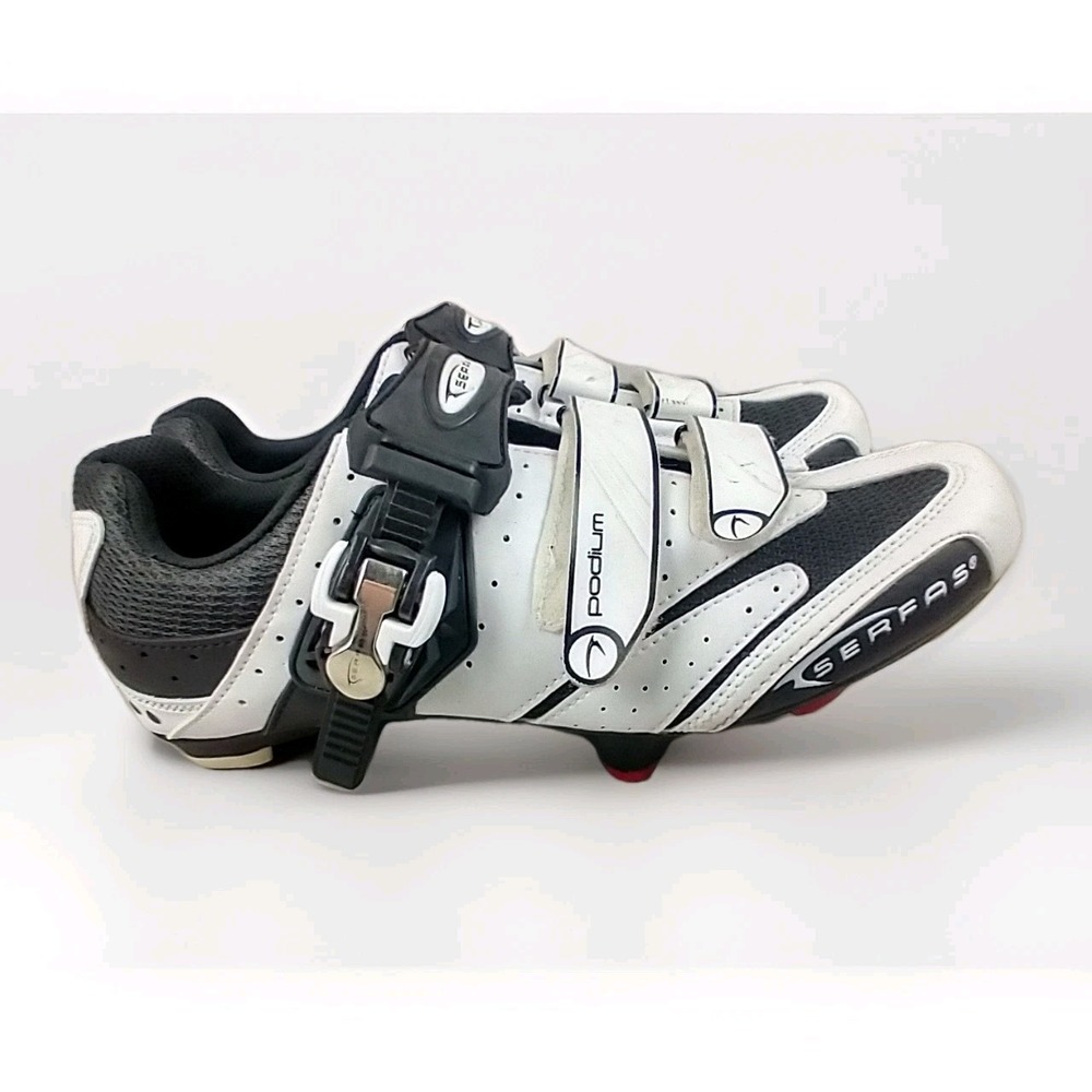 Serfas Podium Road Cycling Shoes Mens 10 White Black Triple Strap Ratchet Buckle
